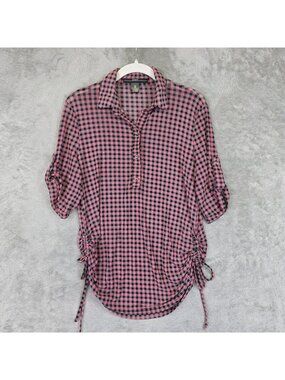 Amang NY Blouse Womens Small Pink Check Mesh Collared 3/4 Roll Tab Tunic Top